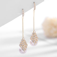 Load image into Gallery viewer, Jewelblings Elegant Stylish Gold Tone Long Rhombus CZ Cluster and Pearl Drop Earrings Wedding Accessory
