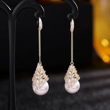Load image into Gallery viewer, Jewelblings Elegant Stylish Gold Tone Long Rhombus CZ Cluster and Pearl Drop Earrings Wedding Accessory
