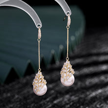 Load image into Gallery viewer, Jewelblings Elegant Stylish Gold Tone Long Rhombus CZ Cluster and Pearl Drop Earrings Wedding Accessory
