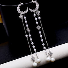 Load image into Gallery viewer, Jewelblings Stunning Long Mini Pearl Burst Stars Tassel Chain Crescent Moon Earrings
