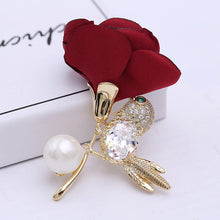 Load image into Gallery viewer, Jewelblings Vivid Fabric Rose and Green Eyed Golden Bird Brooch Pin Groomsman Wedding Accessory

