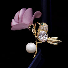 Load image into Gallery viewer, Jewelblings Vivid Fabric Rose and Green Eyed Golden Bird Brooch Pin Groomsman Wedding Accessory
