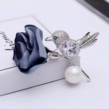 Load image into Gallery viewer, Jewelblings Vivid Fabric Rose and Green Eyed Golden Bird Brooch Pin Groomsman Wedding Accessory

