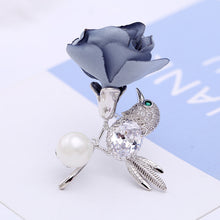 Load image into Gallery viewer, Jewelblings Vivid Fabric Rose and Green Eyed Golden Bird Brooch Pin Groomsman Wedding Accessory
