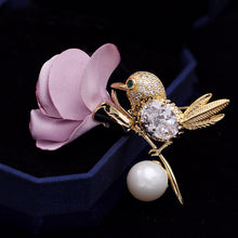 Load image into Gallery viewer, Jewelblings Vivid Fabric Rose and Green Eyed Golden Bird Brooch Pin Groomsman Wedding Accessory

