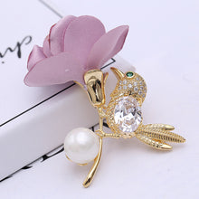 Load image into Gallery viewer, Jewelblings Vivid Fabric Rose and Green Eyed Golden Bird Brooch Pin Groomsman Wedding Accessory
