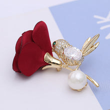 Load image into Gallery viewer, Jewelblings Vivid Fabric Rose and Green Eyed Golden Bird Brooch Pin Groomsman Wedding Accessory
