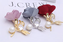 Load image into Gallery viewer, Jewelblings Vivid Fabric Rose and Green Eyed Golden Bird Brooch Pin Groomsman Wedding Accessory
