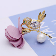 Load image into Gallery viewer, Jewelblings Vivid Fabric Rose and Green Eyed Golden Bird Brooch Pin Groomsman Wedding Accessory

