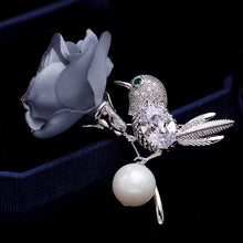 Load image into Gallery viewer, Jewelblings Vivid Fabric Rose and Green Eyed Golden Bird Brooch Pin Groomsman Wedding Accessory
