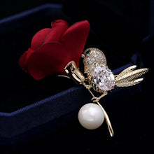 Load image into Gallery viewer, Jewelblings Vivid Fabric Rose and Green Eyed Golden Bird Brooch Pin Groomsman Wedding Accessory
