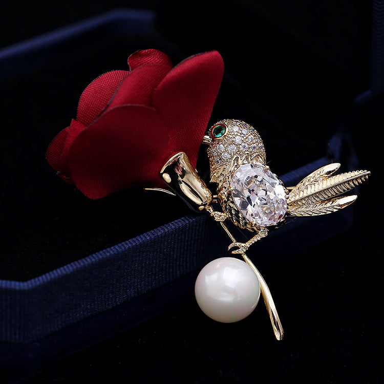 Jewelblings Vivid Fabric Rose and Green Eyed Golden Bird Brooch Pin Groomsman Wedding Accessory