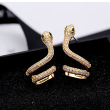 Load image into Gallery viewer, Jewelblings Antique Stylish Gold Tone Coiled Green Eyed Snake Earcuff Earrings Clip on Snake Punk Jewelry
