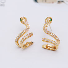 Load image into Gallery viewer, Jewelblings Antique Stylish Gold Tone Coiled Green Eyed Snake Earcuff Earrings Clip on Snake Punk Jewelry
