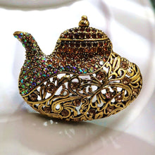 Load image into Gallery viewer, Jewelblings Antique Gold Tone AB Crystal Accent Champagne Brown Teapot Brooch Pin Kettle Jewelry for Women Girl Mom Grandmother Costume Suit

