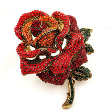 Load image into Gallery viewer, Jewelblings Antique Oversize Full Pave Crystal Rose Flower Brooch Gold Tone Short Stem Green Leaf Blossom Rose Pins Gift Anniversary Jewelry
