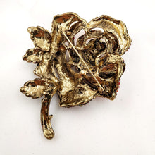 Load image into Gallery viewer, Jewelblings Antique Oversize Full Pave Crystal Rose Flower Brooch Gold Tone Short Stem Green Leaf Blossom Rose Pins Gift Anniversary Jewelry
