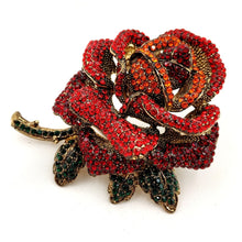 Load image into Gallery viewer, Jewelblings Antique Oversize Full Pave Crystal Rose Flower Brooch Gold Tone Short Stem Green Leaf Blossom Rose Pins Gift Anniversary Jewelry
