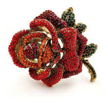 Load image into Gallery viewer, Jewelblings Antique Oversize Full Pave Crystal Rose Flower Brooch Gold Tone Short Stem Green Leaf Blossom Rose Pins Gift Anniversary Jewelry
