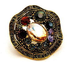 Load image into Gallery viewer, Jewelblings Antique Wave Round Shaped Multi Colored Stones Brooch Gold Tone Beaded Art Deco Color Stones Round Pin Women Suit Exotic Jewelry
