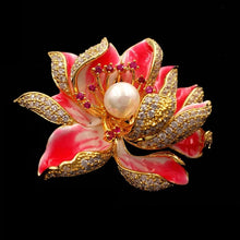 Load image into Gallery viewer, Jewelblings Dream Fancy Style Enameled Petal Micro Pave CZ Pink Lotus Flower Brooches Gold Tone Centered Mother of Pearl Blossom Lotus Pins
