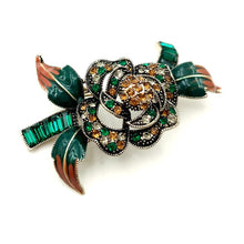 Load image into Gallery viewer, Jewelblings Edwardian Vintage Green Leaf Layered Petal Crystal Accent Oval Shaped Blossom Pink Rose Brooch Pins Mom Grandmother Gift Jewelry
