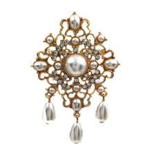 Load image into Gallery viewer, Jewelblings Fabulous Vintage Gold Tone Opens Art Deco Ornate Trio Imitated Pearl Drop Brooch Filigree Pin for Costume Badge Dress Gown Cloak
