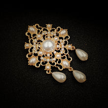 Load image into Gallery viewer, Jewelblings Fabulous Vintage Gold Tone Opens Art Deco Ornate Trio Imitated Pearl Drop Brooch Filigree Pin for Costume Badge Dress Gown Cloak
