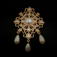 Load image into Gallery viewer, Jewelblings Fabulous Vintage Gold Tone Opens Art Deco Ornate Trio Imitated Pearl Drop Brooch Filigree Pin for Costume Badge Dress Gown Cloak
