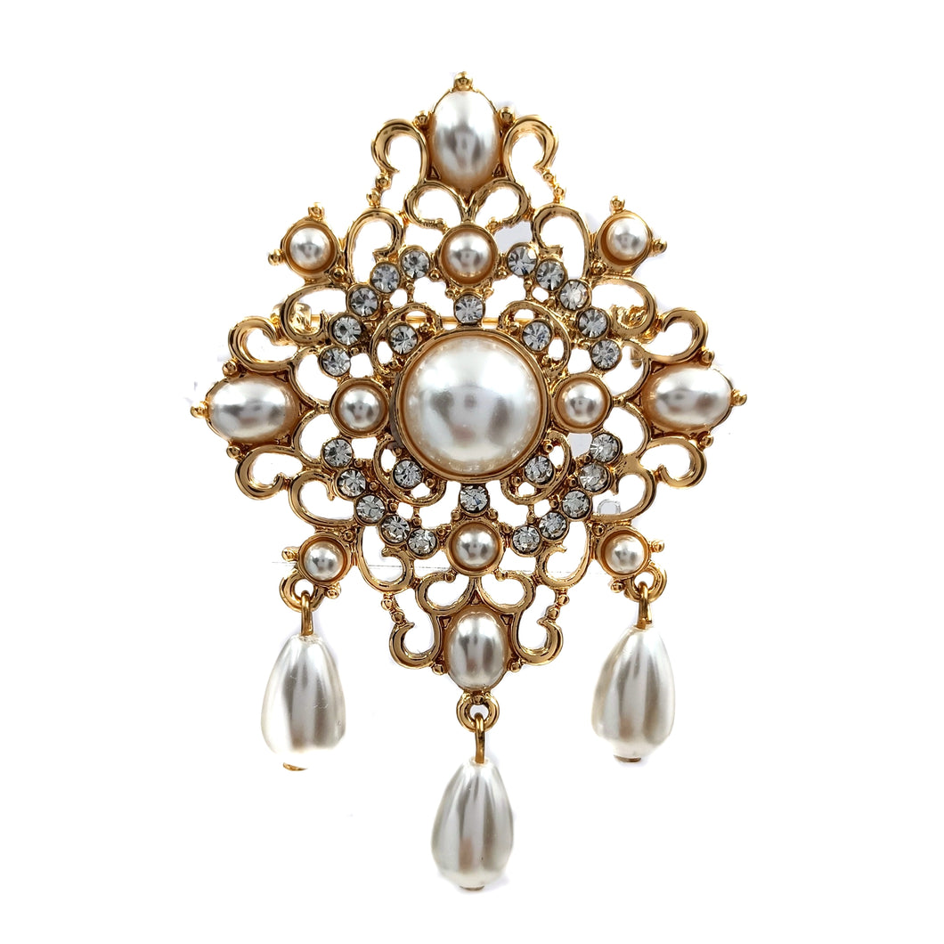 Jewelblings Fabulous Vintage Gold Tone Opens Art Deco Ornate Trio Imitated Pearl Drop Brooch Filigree Pin for Costume Badge Dress Gown Cloak