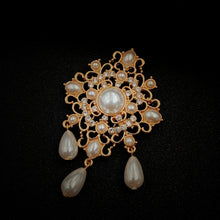 Load image into Gallery viewer, Jewelblings Fabulous Vintage Gold Tone Opens Art Deco Ornate Trio Imitated Pearl Drop Brooch Filigree Pin for Costume Badge Dress Gown Cloak
