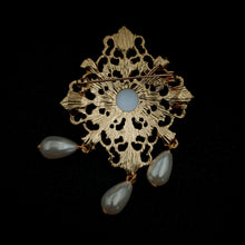 Load image into Gallery viewer, Jewelblings Fabulous Vintage Gold Tone Opens Art Deco Ornate Trio Imitated Pearl Drop Brooch Filigree Pin for Costume Badge Dress Gown Cloak

