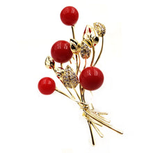 Load image into Gallery viewer, Jewelblings Fantastic Golden Leaf and Red Flower Ball Brooch Floral Bunch Pin for Women Cloth Bag Backpack Hat Caps Scarf Shawl Suit Jewelry
