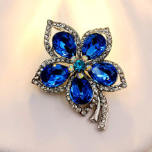 Load image into Gallery viewer, Jewelblings Glamorous Silver Tone Short Stem Opens Studded Five Petal Blue Flower Brooches Pins for Women Clothes Sweater Coat Dress Handbag
