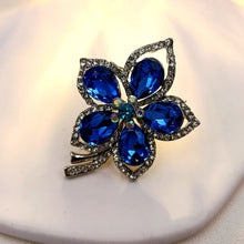 Load image into Gallery viewer, Jewelblings Glamorous Silver Tone Short Stem Opens Studded Five Petal Blue Flower Brooches Pins for Women Clothes Sweater Coat Dress Handbag
