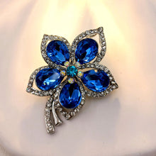 Load image into Gallery viewer, Jewelblings Glamorous Silver Tone Short Stem Opens Studded Five Petal Blue Flower Brooches Pins for Women Clothes Sweater Coat Dress Handbag
