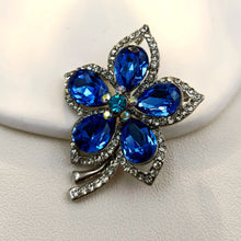 Load image into Gallery viewer, Jewelblings Glamorous Silver Tone Short Stem Opens Studded Five Petal Blue Flower Brooches Pins for Women Clothes Sweater Coat Dress Handbag
