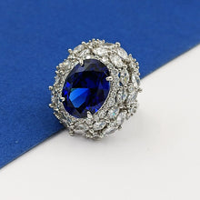 Load image into Gallery viewer, Jewelblings Gorgeous Blue Oval Cubic Zirconia Cocktail Rings with Double Sunburst Halo Adjustable Jewelry for Graduation Concert Anniversary
