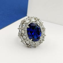 Load image into Gallery viewer, Jewelblings Gorgeous Blue Oval Cubic Zirconia Cocktail Rings with Double Sunburst Halo Adjustable Jewelry for Graduation Concert Anniversary
