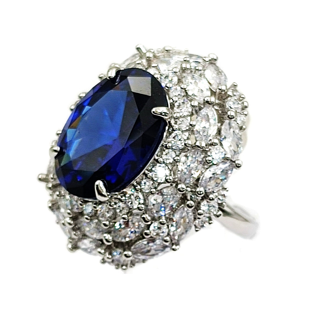 Jewelblings Gorgeous Blue Oval Cubic Zirconia Cocktail Rings with Double Sunburst Halo Adjustable Jewelry for Graduation Concert Anniversary