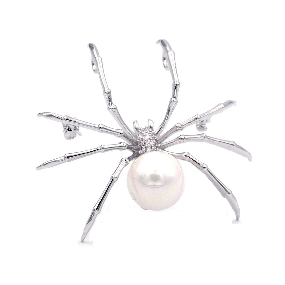 Jewelblings Victorian Vintage Micro Pave Clear CZ  Head Imitated White Pearl Spider Brooches Pins for Women Suit Halloween Costume Jewelry