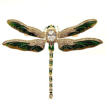 Load image into Gallery viewer, Jewelblings Vintage Green Enameled Oversize Dragonfly Brooches Gold Tone Micro Pave Crystal Winged Big Dragonfly Pins Unisex Insect Jewelry
