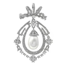 Load image into Gallery viewer, Jewelblings Art Nouveau Antique Silvertone Opens Micro Pave CZ Ribbon Bowtie White Imitated Pearl Dangle Pear-Shaped Brooch Pins for Wedding

