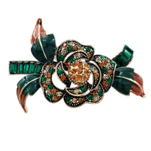 Load image into Gallery viewer, Jewelblings Edwardian Vintage Green Leaf Layered Petal Crystal Accent Oval Shaped Blossom Pink Rose Brooch Pins Mom Grandmother Gift Jewelry
