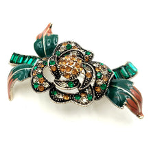 Load image into Gallery viewer, Jewelblings Edwardian Vintage Green Leaf Layered Petal Crystal Accent Oval Shaped Blossom Pink Rose Brooch Pins Mom Grandmother Gift Jewelry
