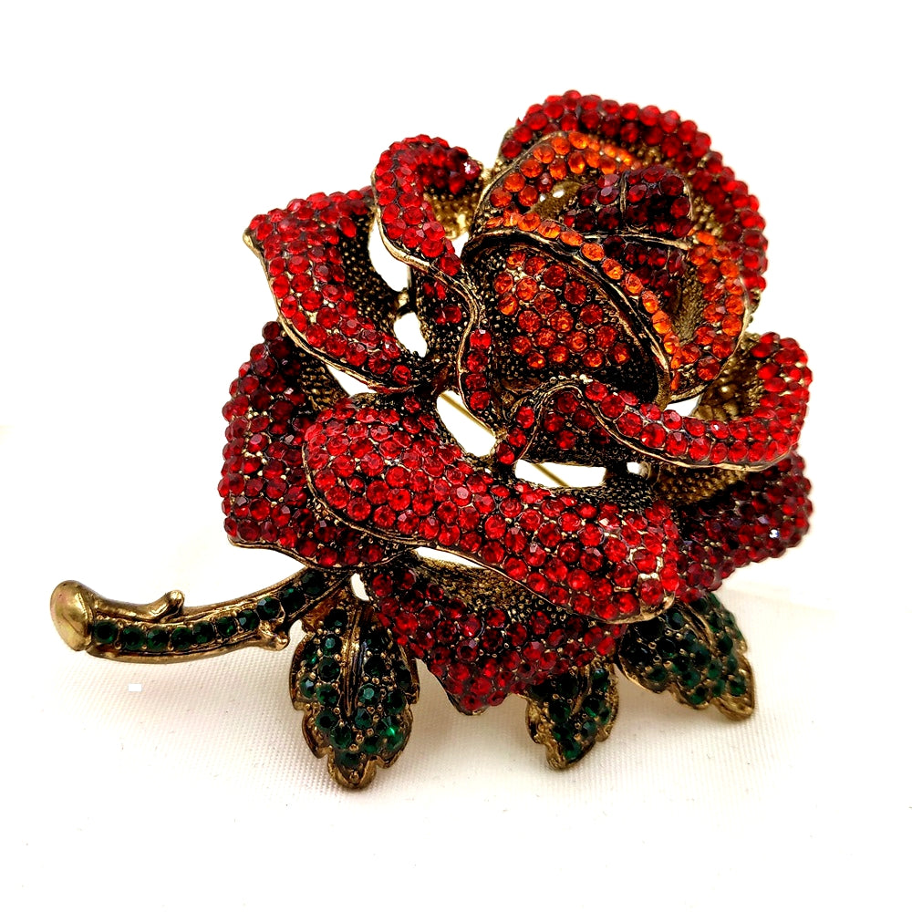 Jewelblings Antique Oversize Full Pave Crystal Rose Flower Brooch Gold Tone Short Stem Green Leaf Blossom Rose Pins Gift Anniversary Jewelry
