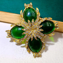 Load image into Gallery viewer, Jewelblings Mid Century Designer Golden Foil Deco Four Petal Green Flower Brooches Pins for Women Grandmother Mum Vintage Costume Jewelry

