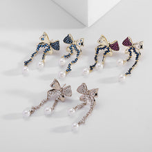 Load image into Gallery viewer, Jewelblings Fashion Designer Metal and Pave CZ Ribbon Bow Blue Tassel Pearl Drop Earrings Color Blocking Jewelry
