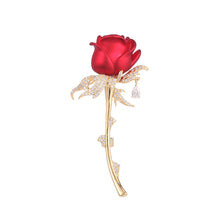 Load image into Gallery viewer, Jewelblings Romance Vintage CZ Accent Golden Leaf Long Stem Enchanting Red Rose Brooch Pin Valentine First Date Accessory
