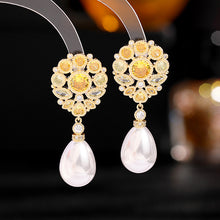 Load image into Gallery viewer, Jewelblings Old European Vintage Inspiration Pear Shaped Flower and Pearl Drop Earrings Formal Event Accessory

